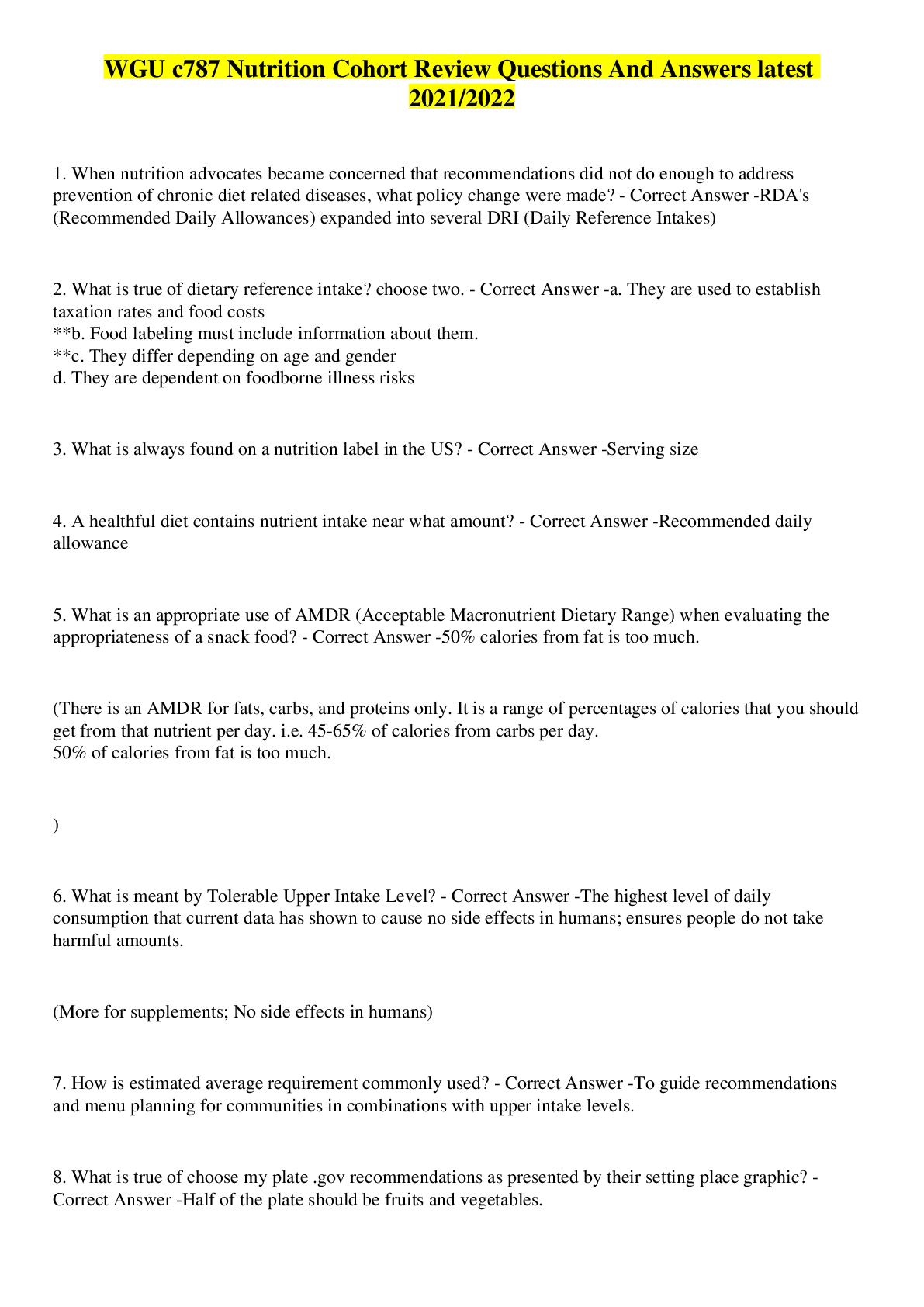 Preview image for WGU c787 Nutrition Cohort Review Questions And Answers latest 2021/2022